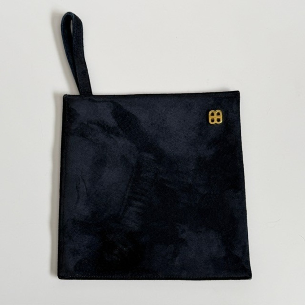 Vintage Bosca Black Suede Wristlet‎ Pouch Gold Logo Minimalist Clutch Bag